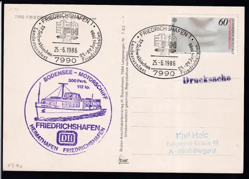 FRIEDRICHSHAFEN 1 7990 57. Schwäbisches Landesturnfest 25.-29.Juni1986 Friedrichshafen 25.6.1986 + Cachet MS Friedrichshafen auf CAK (Friedrichshafen)