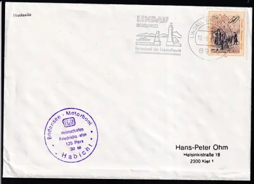 LINDAU BODENSEE 85990 12.8.789 LINDAU IM BODENSEE Ferieninsel der Lebensfreude 12.8.89 + CACHET MB Habicht auf Brief