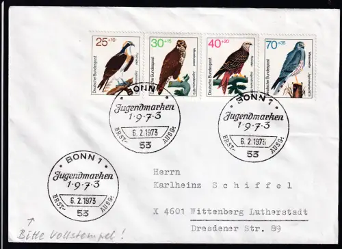 Jugend 1973 Greifvögel auf FDC 