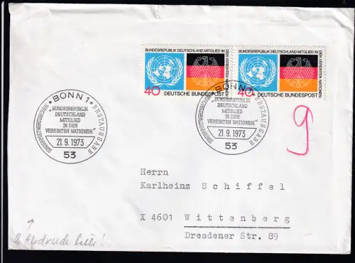 Aufnahme der BRD in die UNO auf FDC, Brief kleiner Einriss 