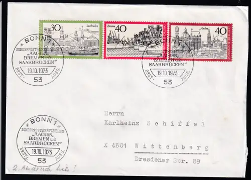 Fremdenverkehr (IX) Saarbrücken, Aachen und Bremen  auf FDC 