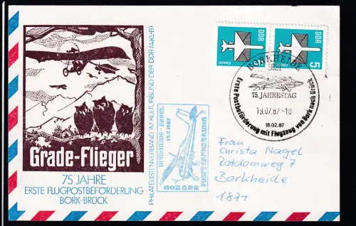BORKHEIDE 1821 Erste Postbeförderung mit Flugzeug von bork nach Brück 75. JAHRESTAG 18.02.87 19.02.87 auf Sonderpostkarte