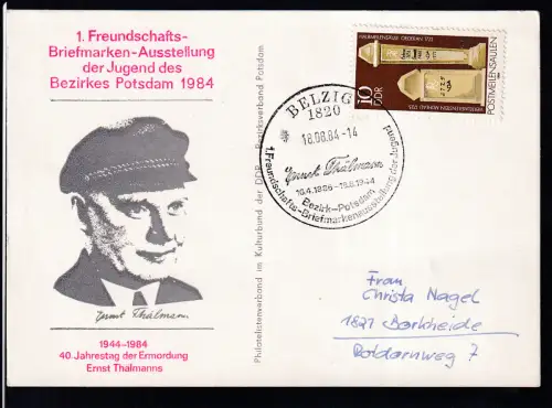BELZIG 1820 1. Freundschafts-Briefmarkenausstellung der Jugend Bezirk-Potsdam 18.08.84 auf Sonderpostkarte