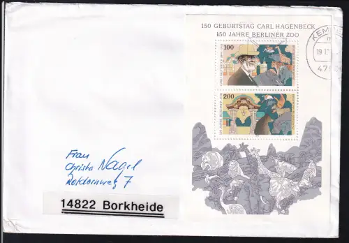 150. Geburtstag von carl Hagenbeck Block auf Brief