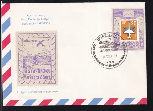 BORKHEIDE 1821 Erste Postbeförderung mit Flugzeug von bork nach Brück 75. JAHRESTAG 18.02.87 18.02.87 auf Sonderumschlag