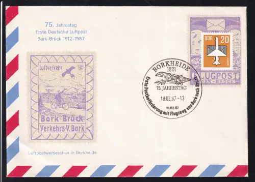 BORKHEIDE 1821 Erste Postbeförderung mit Flugzeug von bork nach Brück 75. JAHRESTAG 18.02.87 18.02.87 auf Sonderumschlag