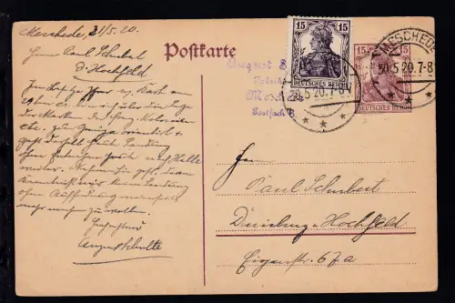 Germania 15 Pfg. mit Zusatzfrankatur ab Meschede 30.5.20 nach Duisburg-Hochfeld