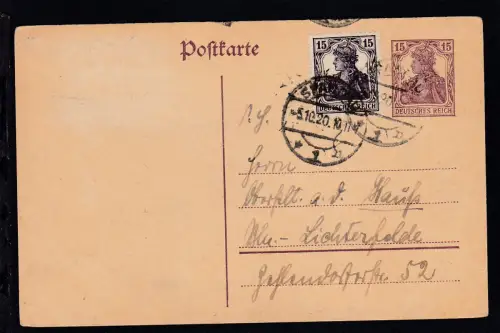 Germania 15 Pfg. mit Zusatzfrankatur ab Spandau 5.10.20 nach Berlin-Lichterfelde