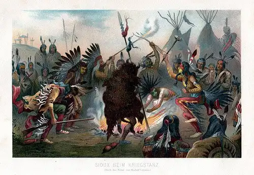 Indianer: Sioux beim Kriegstanz. Chromolitho um 1880