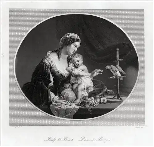 Dame und Papagei. Stahlstich um 1850