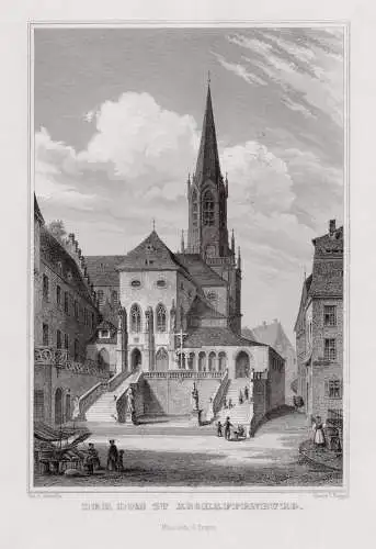 Aschaffenburg Der Domplatz. Originaler Stahlstich Poppel um 1850