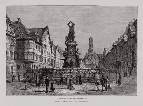 AUGSBURG - Maximilianstraße, Herkulesbrunnen Holzstich um 1870