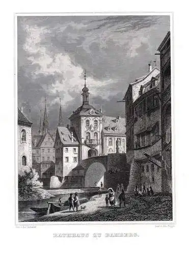 BAMBERG: Rathaus. Originaler Stahlstich Poppel um 1850