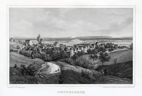 Dettelbach, Gesamtansicht. Originaler Stahlstich um 1850