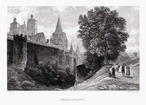 Ingolstadt: Stadtmauer und Münster Originaler Stahlstich um 1840