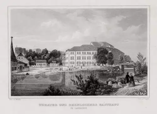 Landshut Theater und Gasthaus. Originaler Stahlstich Poppel um 1870