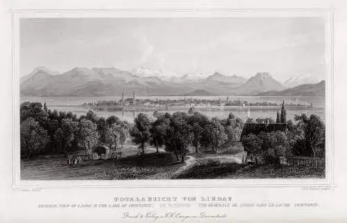 Lindau am Bodensee. Totalansicht Original Stahlstich Poppel um 1850