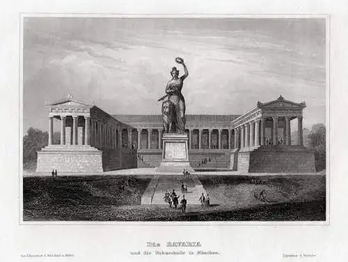MÜNCHEN - Bavaria und die Ruhmeshalle - Stahlstich um 1850