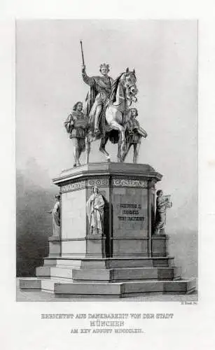 MÜNCHEN: Denkmal König Ludwig I... Echter Stahlstich Bruch um 1870