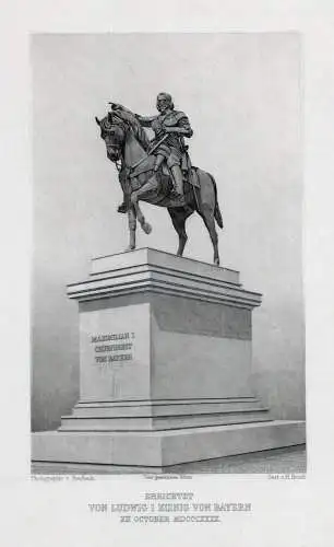 MÜNCHEN: Denkmal Maximilian I... Echter Stahlstich Bruch um 1870