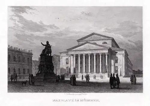 München: Maxplatz, Nationaltheater Originaler Stahlstich um 1840