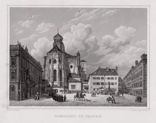 Passau Der Domplatz. Originaler Stahlstich Poppel um 1850