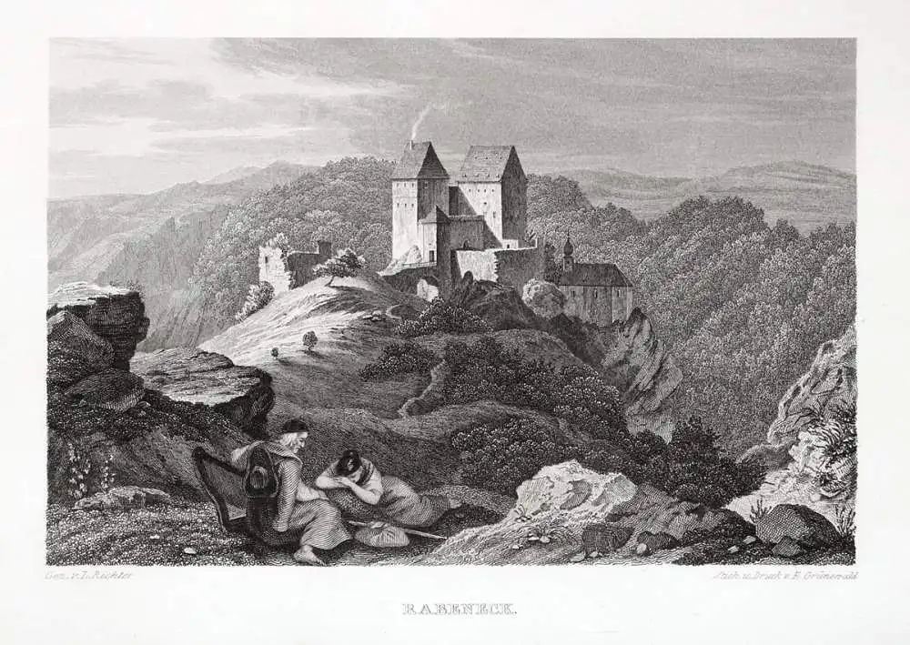 Rabeneck. Burg: Fränkische Schweiz. Originaler Stahlstich Grünewald um 1840 0