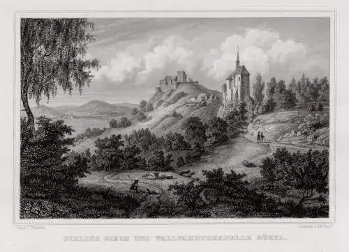 Schloss Giech und Wallfahrtskapelle Gügel. Stahlstich Poppel um 1850