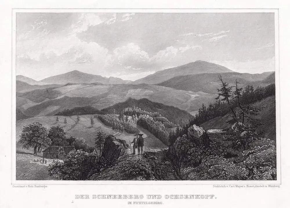 Schneeberg und Ochsenkopf, Fichtelgebirge. Originaler Stahlstich um 1850 0