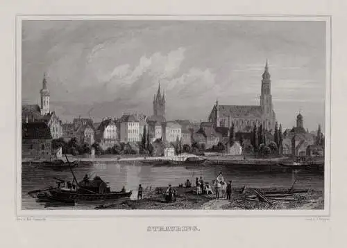 Straubing Gesamtansicht. Originaler Stahlstich Poppel um 1870