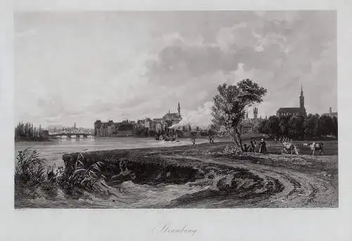 Straubing. Ansicht über die Donau Großer,originaler Stahlstich um 1850
