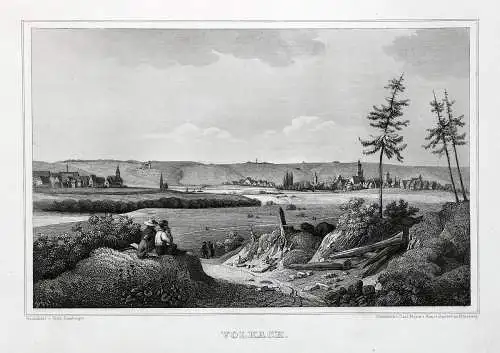 Volkach, Gesamtansicht. Originaler Stahlstich um 1850