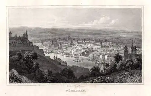 Würzburg: Totalansicht Originaler Stahlstich, Poppel um 1870