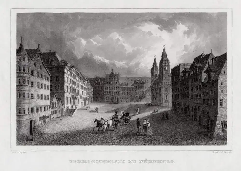 NÜRNBERG - Theresienplatz. Originaler Stahlstich, Poppel um 1850 0