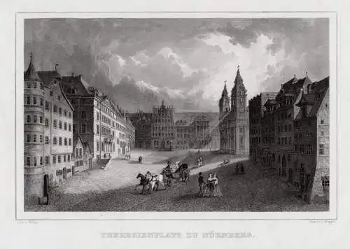 NÜRNBERG - Theresienplatz. Originaler Stahlstich, Poppel um 1850