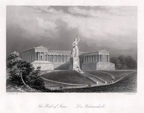 MÜNCHEN - Bavaria und die Ruhmeshalle - Stahlstich um 1850