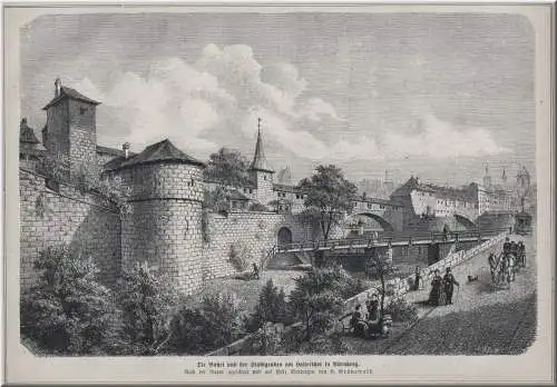 Nürnberg, Bastei am Hallertor.. Original Holzstich, Grünewald 1873
