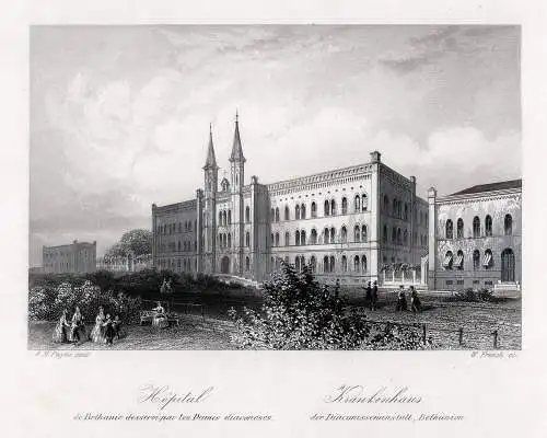 Berlin Krankenhaus Bethanien Original Stahlstich French 1850