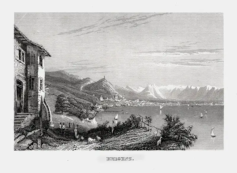 Bregenz Bodensee. Echter Stahlstich von Geib 1838 0