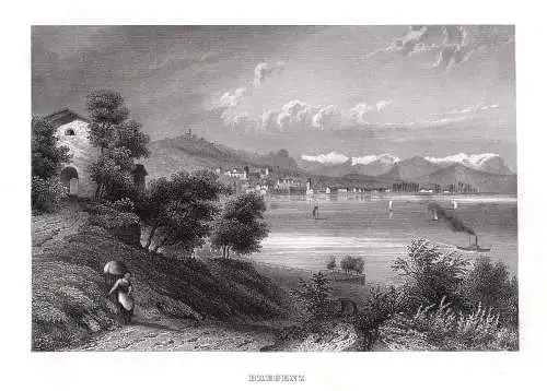 Bregenz vom Bodensee aus. Echter Stahlstich von 1862