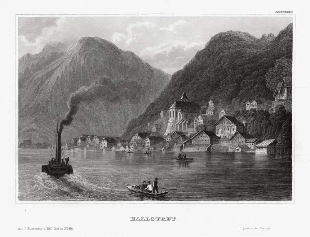 Hallstadt. Blick über den See.. Originaler Stahlstich um 1850 0