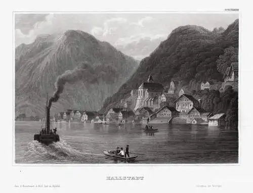 Hallstadt. Blick über den See.. Originaler Stahlstich um 1850