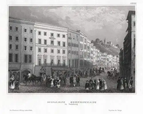 Salzburg Mozarts Geburtshaus. Echter Stahlstich, BI um 1850