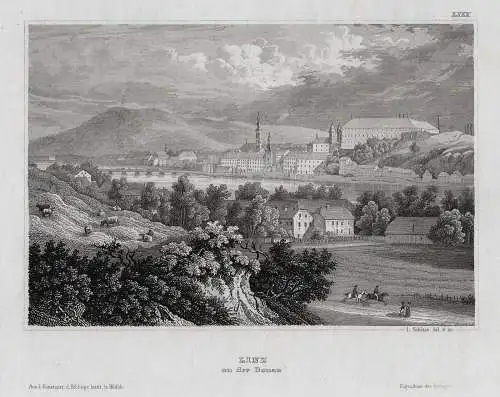 Linz Donau Gesamtansicht Original Stahlstich. Echter Stahlstich, BI um 1850