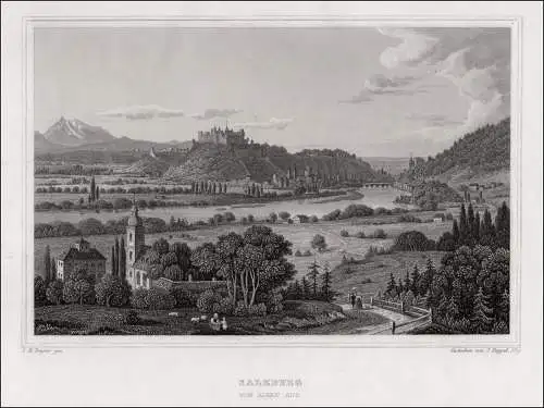 Salzburg. Vom Aigen aus . Echter Stahlstich um 1850