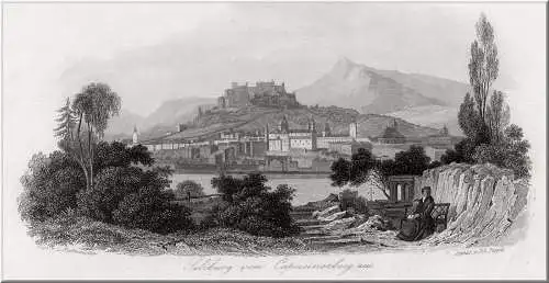 Salzburg. Vom Kapuzinerberg aus . Echter Stahlstich um 1850