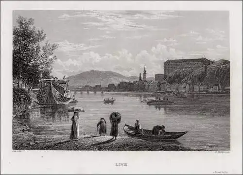 Linz Donau Gesamtansicht Original Stahlstich. Winkles um 1840