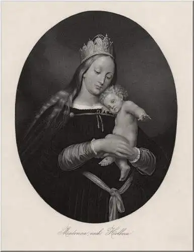 Madonna mit Kind. Originaler Stahlstich nach Holbein um 1870