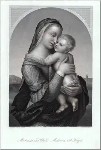 Madonna mit Kind. Originaler Stahlstich nach Raphael Sanzio um 1850