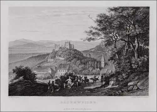 Badenweiler, Teilansicht. Originaler Stahlstich um 1850